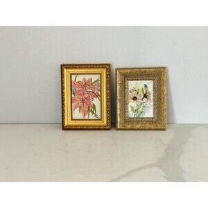Watercolor Signed Floral Original Art Set of 2 Gold Framed Flower Wall Hanging